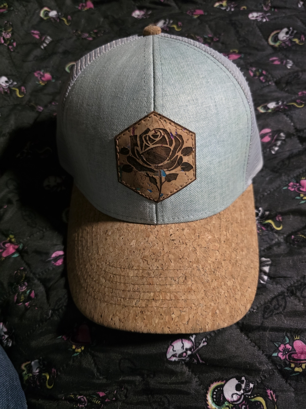San Diego Hat Company Light Blue Trucker Hat with Cork Brim & Floral Patch